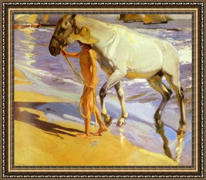 Bastida Framed Paintings - El bano del caballo [The Horse's Bath] by Joaquin Sorolla y Bastida